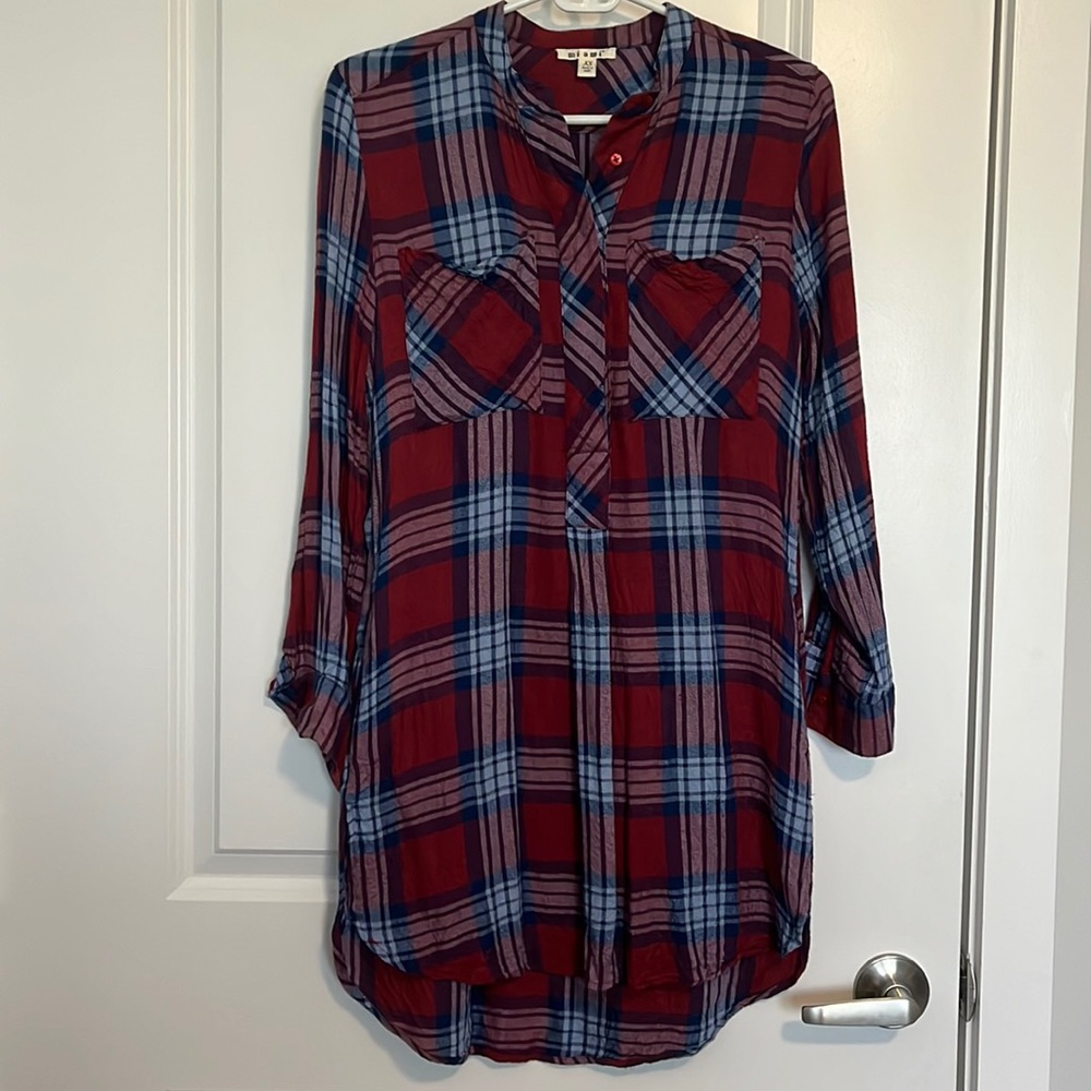 Francesca’s plaid three quarter length dress. Dark red and blue plaid.